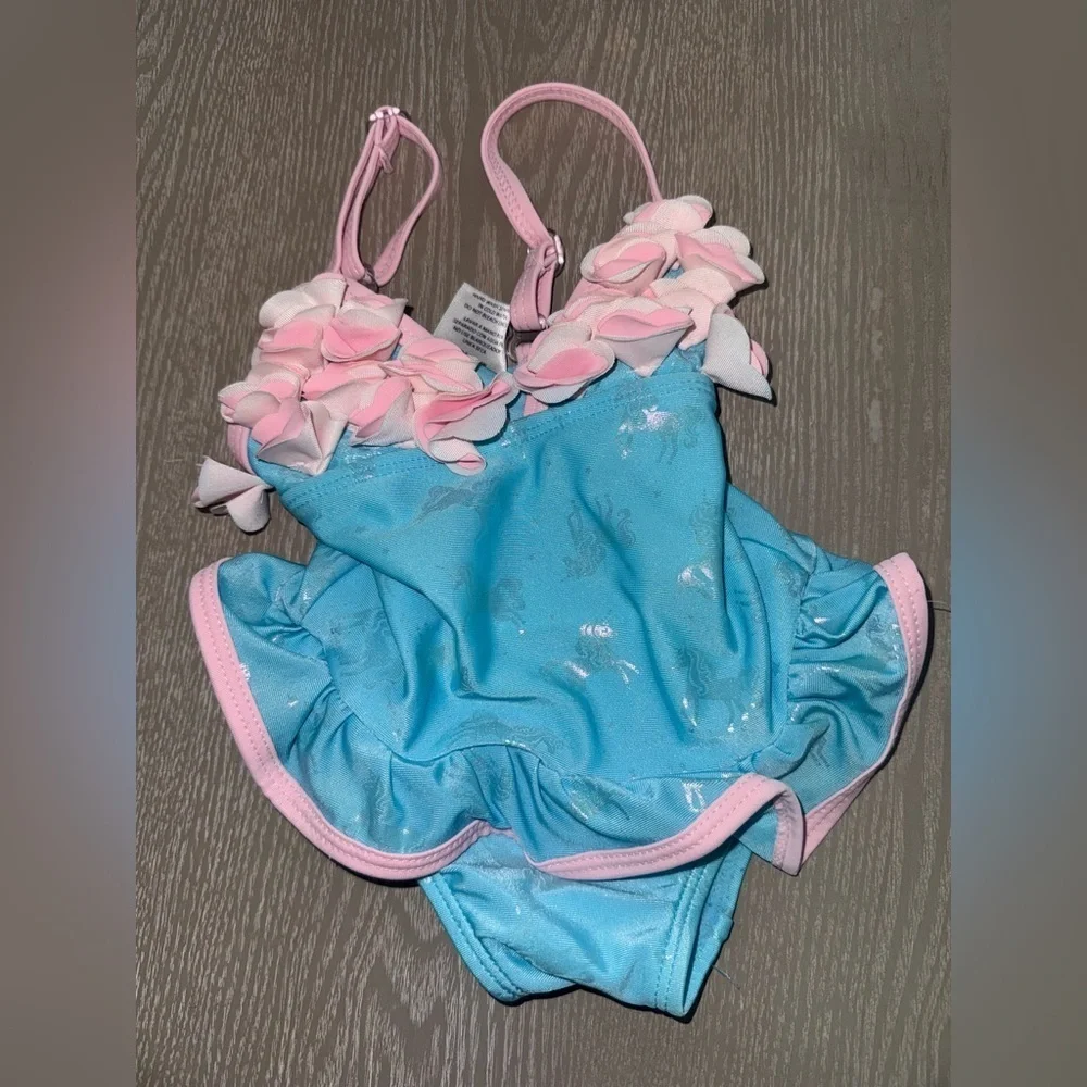 Floatmini Floral Top Pink & Blue Iridescent Unicorns Tutu Toddler Bathing Suit
